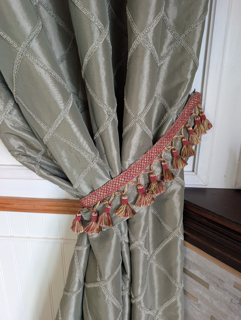 Custom Curtain Panels (2) Green Satin 100W x 87L Cotton Lined Tie Backs Tassel - Picture 12 of 14